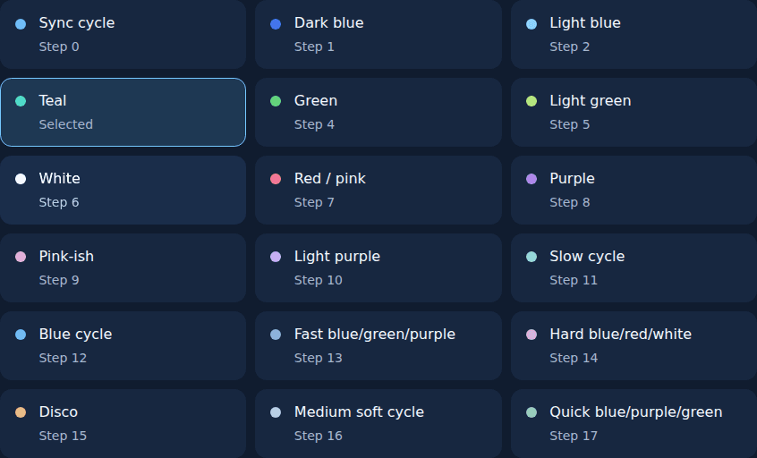 Pool Remote’s named color presets, with Teal selected. Screenshot, not an interactive control.
